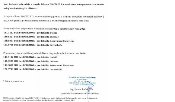 Jednozložková cena tepla – SBD Lučenec – oznámenie pre roky 2025 a 2026