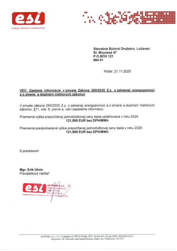 Jednozložková cena tepla – esi Poltár – oznámenie pre roky 2025 a 2026